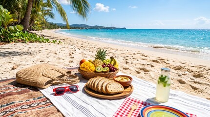 Obraz premium Tropical beach picnic with fruit basket, crackers and lemonade on blanket under palm trees by turquoise ocean on sunny summer day