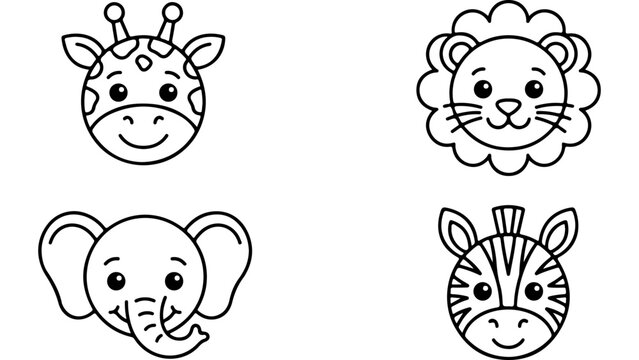 Cute cartoon animal heads set with giraffe lion elephant and zebra in black and white line art