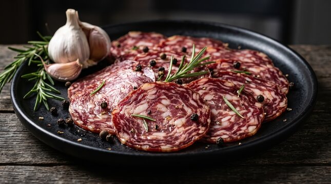 Sliced cured salami arranged on black plate with garlic cloves and rosemary, charcuterie style appetizer platter for casual dining or antipasti serving