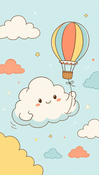 Cute cartoon cloud character holding hot air balloon floating in pastel sky, cute mobile phone wallpaper and vertical background illustration