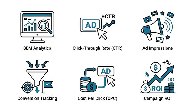 Digital Marketing and SEM Analytics Flat Icon Set