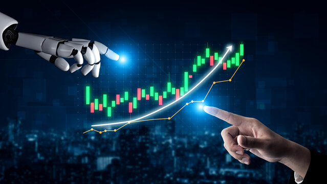 Hands of Human and Robot Interact Over Digital Stock Market Graph with Rising Trendline in Modern Technology Concept Impute.
