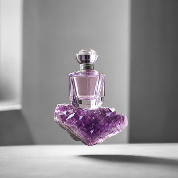 Elegant perfume bottle on purple crystal creates a luxurious ambiance.