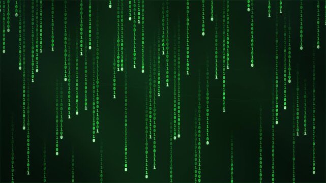 Green binary code falling across dark cyberspace terminal. Digital technology cybersecurity encryption processing matrix algorithm data stream for virtual network computer software system animation.
