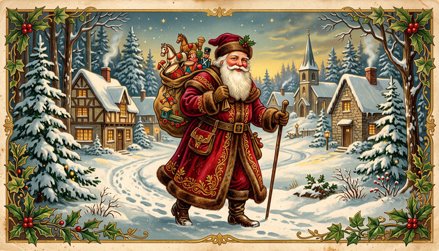Victorian chromolithograph postcard of Santa carrying toys in a winter scene