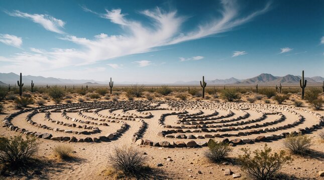 Stone labyrinth in arid desert landscape under blue sky. Saguaro cacti and sparse shrubs dot the sandy terrain. Mountain range visible in distance.