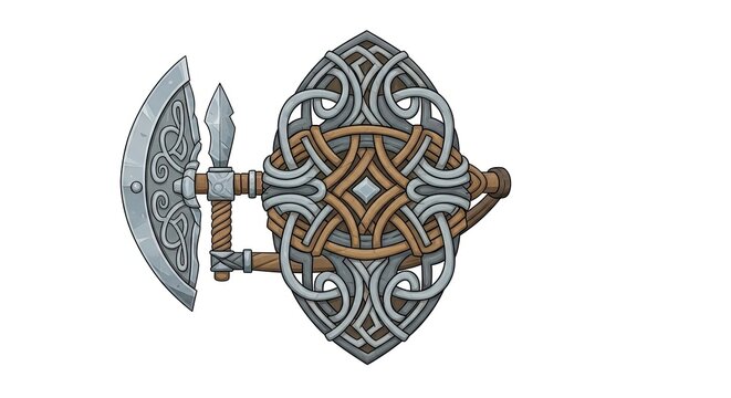 Intricate Viking Axe and Shield Combination with Celtic Knotwork and Norse Design