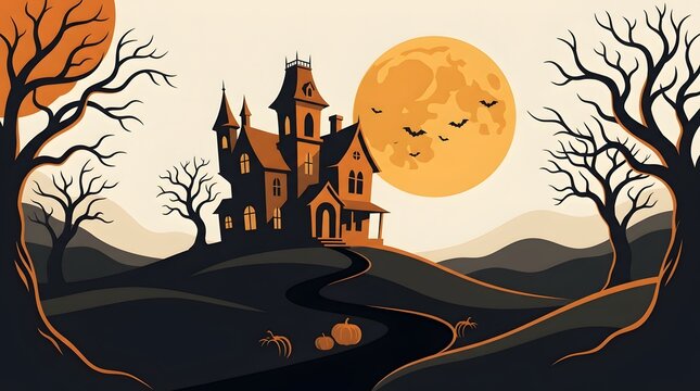 Spooky haunted house standing on a hill under a full moon for a festive halloween day background illustration