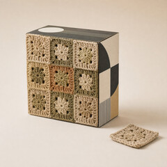 Obraz premium Handmade crochet squares displayed on a decorative box.