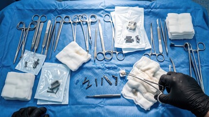 Fototapeta premium Surgical instrument layout on sterile blue drape with gloved hands organizing clamps scissors implants and gauze for operating room procedure setup