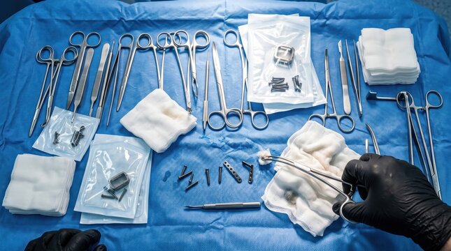 Surgical instrument layout on sterile blue drape with gloved hands organizing clamps scissors implants and gauze for operating room procedure setup