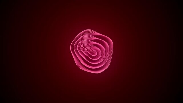 Abstract red spiral wave ring line background. Glowing 3d concentric swirl flower element. Modern digital sound ripple network template.