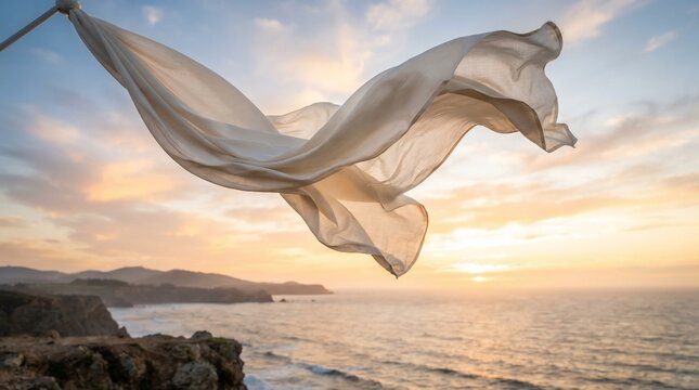 Flowing white fabric against sunset coastal landscape