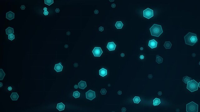 Hexagonal cybernetic technology overlay background pattern, abstract data moving through network, creating a visual for server, cloud computing, internet connection, storage, and information.