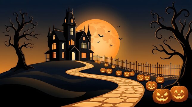 A spooky haunted house on a hill with pumpkins and a full moon for halloween day celebration