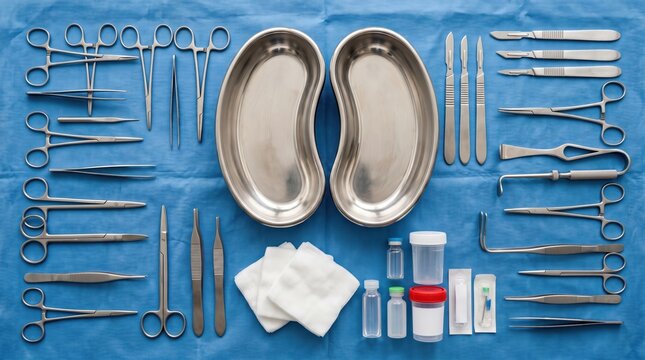 Surgical instruments and medical supplies arranged on blue sterile drape with kidney dishes vials gauze prepared for procedure in clinical setting