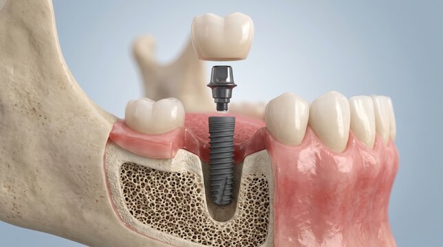 Dental implant cross section showing titanium implant fixture inserted into jaw bone with abutment and crown replacement in anatomical medical illustration