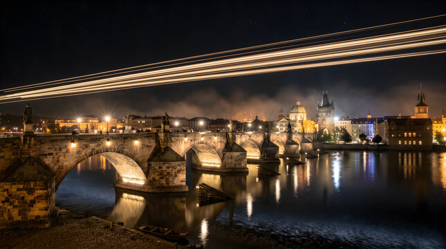 Beautiful night view of the illuminated Charles Bridge and Vltava river in Prague city center