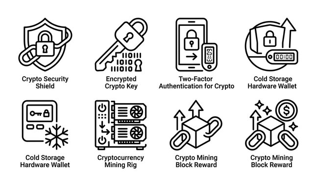Cryptocurrency Security and Blockchain Mining Line Icon Set