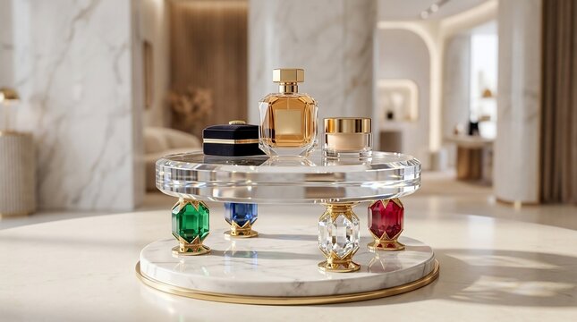 Luxury cosmetic products displayed on an elegant pedestal with gemstones