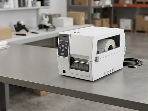 Industrial Barcode Printer on Metal Table in Warehouse Logistics