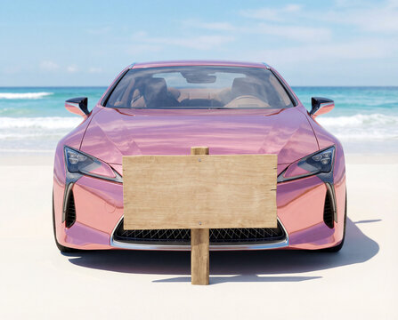 Pink Luxury Sports Car on Tropical Beach with Blank Wooden Sign