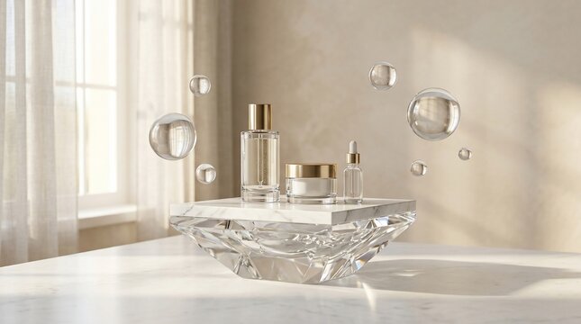 Luxury skincare product display on abstract crystal pedestal with floating water drops