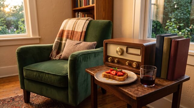 Comfortable reading corner with green armchair, vintage radio on side table, toast and beverage by window creating warm morning home scene with books