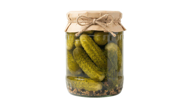 A glass jar filled with pickled cucumbers, herbs, and spices, topped with a rustic brown paper lid and tied with twine, isolated on transparent background