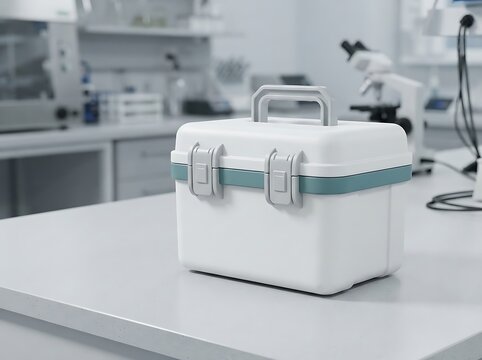 Medical Storage Box on Clean Laboratory Table with Scientific Gear