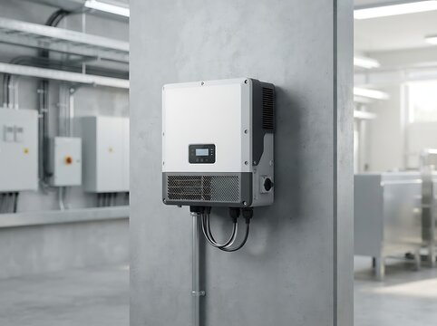 Solar Inverter Mounted on Concrete Pillar in Industrial Facility