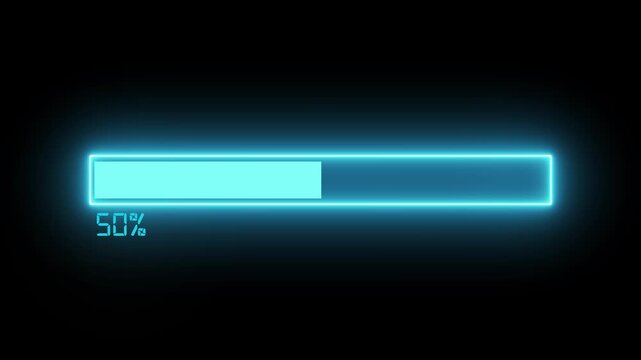 Futuristic neon blue progress bar loading animation with percentage counter on black background