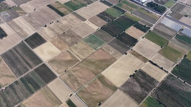 Aerial view of agricultural fields with geometric patterns and diverse crops in Hombourg, Grand Est, France.