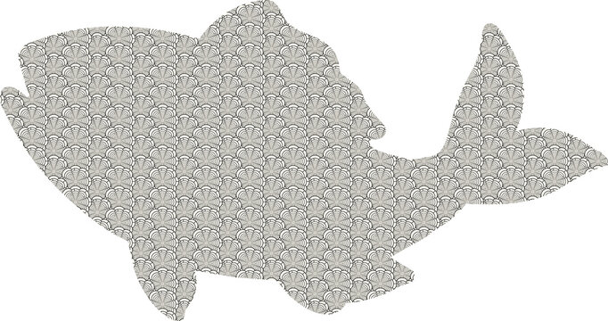 Stylized fish silhouette filled with an intricate black and white repeating wave pattern, creating an elegant Asian inspired decorative design.