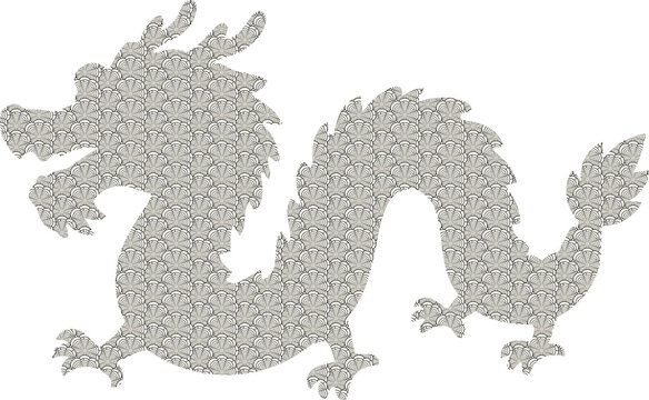 Stylized Chinese dragon silhouette filled with an intricate black and white repeating wave pattern, creating an elegant traditional Asian decorative design.
