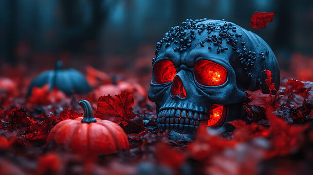 Spooky Halloween Dark Skull with Glowing Red Eyes and Pumpkins on Autumn Leaves Background Concept