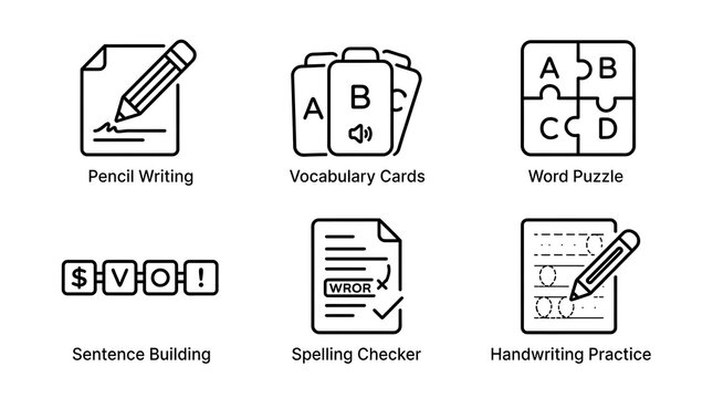 Education and Literacy Line Icons for Learning and Writing Tools