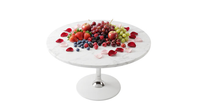 Fresh organic fruit platter on marble pedestal stand, assortment of berries and grapes with rose petals, elegant healthy dessert display isolated PNG with Transparent Background