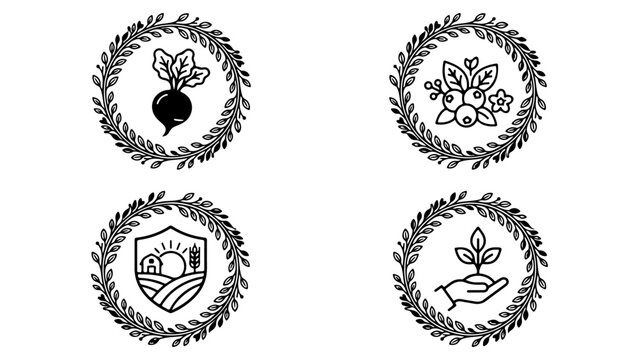 Set of four organic farm and gardening icons with hand drawn laurel leaf wreaths in black ink style