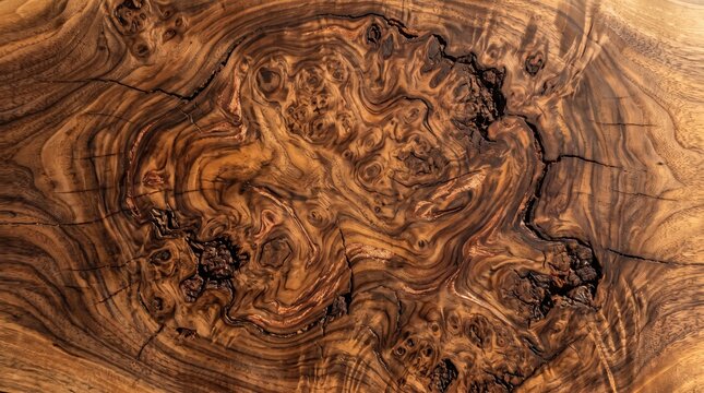Rustic burl wood cross section with swirling knots and dramatic concentric patterns showing rich brown variations and organic material character