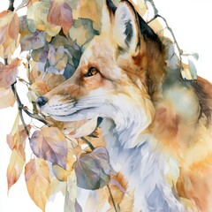 Naklejka premium A fox is surrounded by gentle russet leaves in a warm palette. This artwork shows nature and wildlife in a simple way.