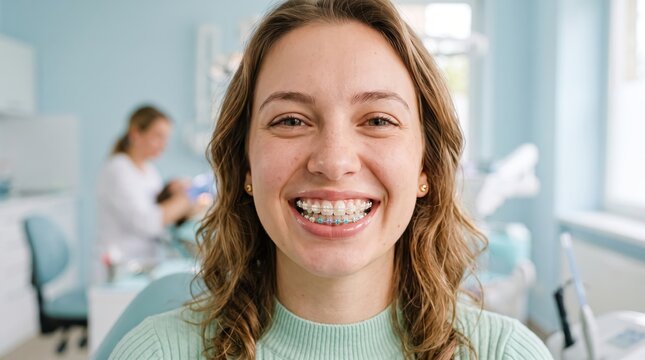 Young woman smiling with braces in dental clinic closeup; female patient seated in chair showing teeth and orthodontic treatment, confident casual portrait in medical office setting