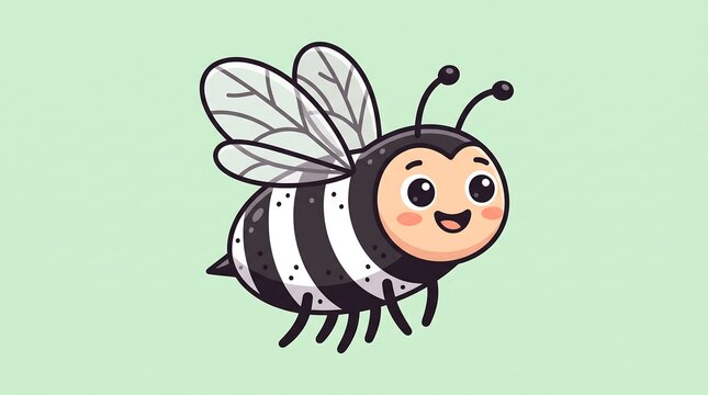 Cute cartoon bee illustration, happy bumblebee character with wings, friendly honey bee mascot on mint green background