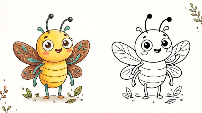 Cute cartoon bee illustration, coloring page for kids with bumblebee character, hand drawn insect clipart for educational activities