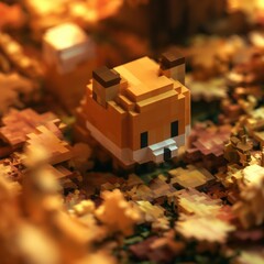 Naklejka premium A voxel fox made of cubes sits among colorful leaves, showing details of nature in a playful blocky style during the autumn season.