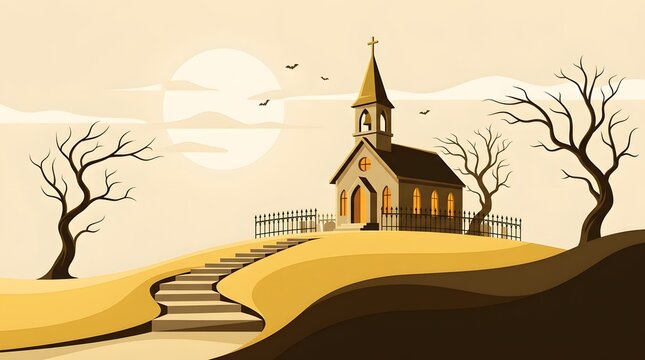 A serene and slightly spooky depiction of a small church on a hill evoking autumnal and halloween vibes