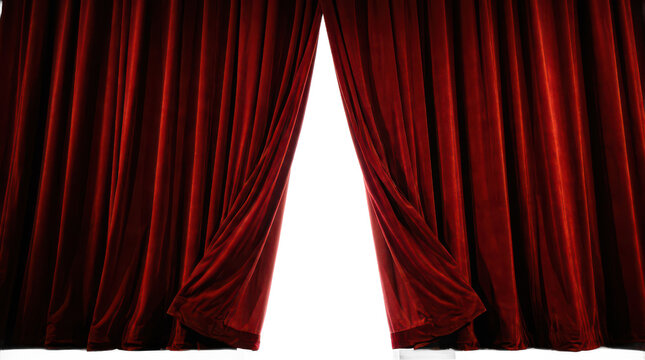 Red velvet stage curtains opening isolated on transparent background