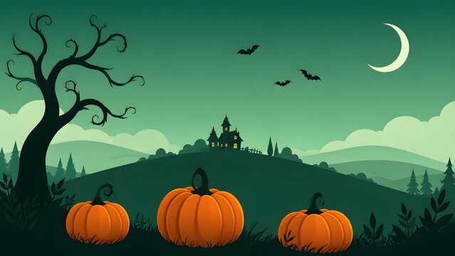 A spooky halloween night scene with pumpkins a haunted house and silhouetted bats flying under a crescent moon