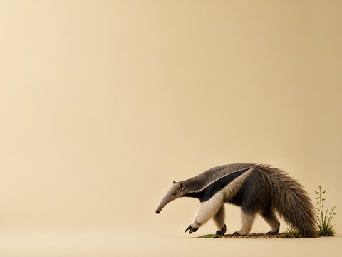 Wild Animal Background - Southern Tamandua. Giant anteater walking on a plain background with sparse vegetation, showcasing its distinctive fur patterns and elongated snout