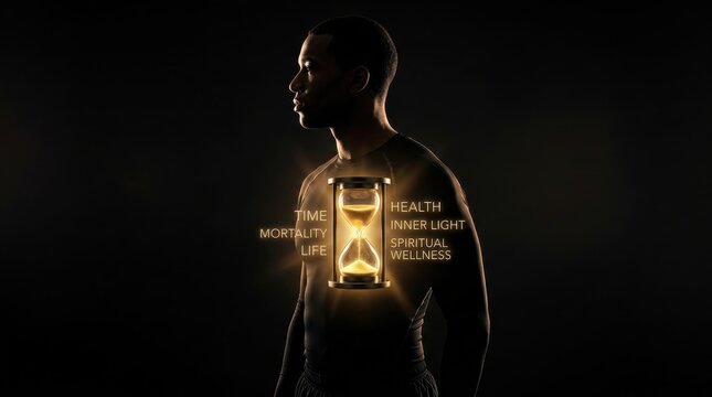 Man with glowing hourglass symbolizing life, time, and spiritual wellness